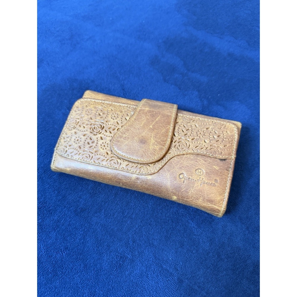 Open House Womens Brown Leather Handmade Mexican Floral Design Snap Wallet